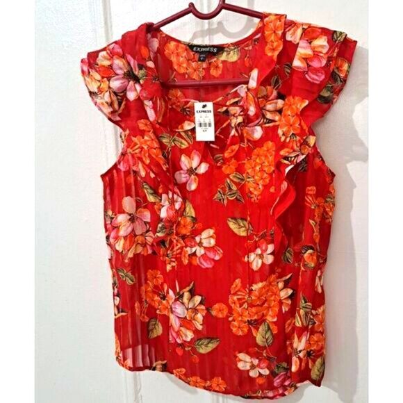 Express Womens Small Top Red Orange Flutter Sleeve Blouse Floral - Picture 1 of 8